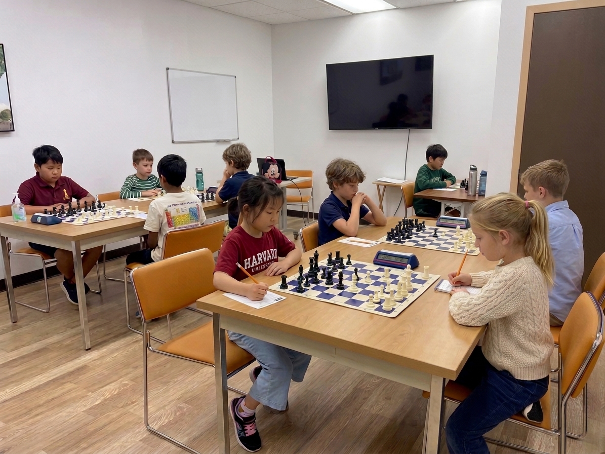 Children playing chess during a group class at Chess in Millburn Academy in Millburn, NJ — professional chess classes for Short Hills and chess in Springfield, NJ
